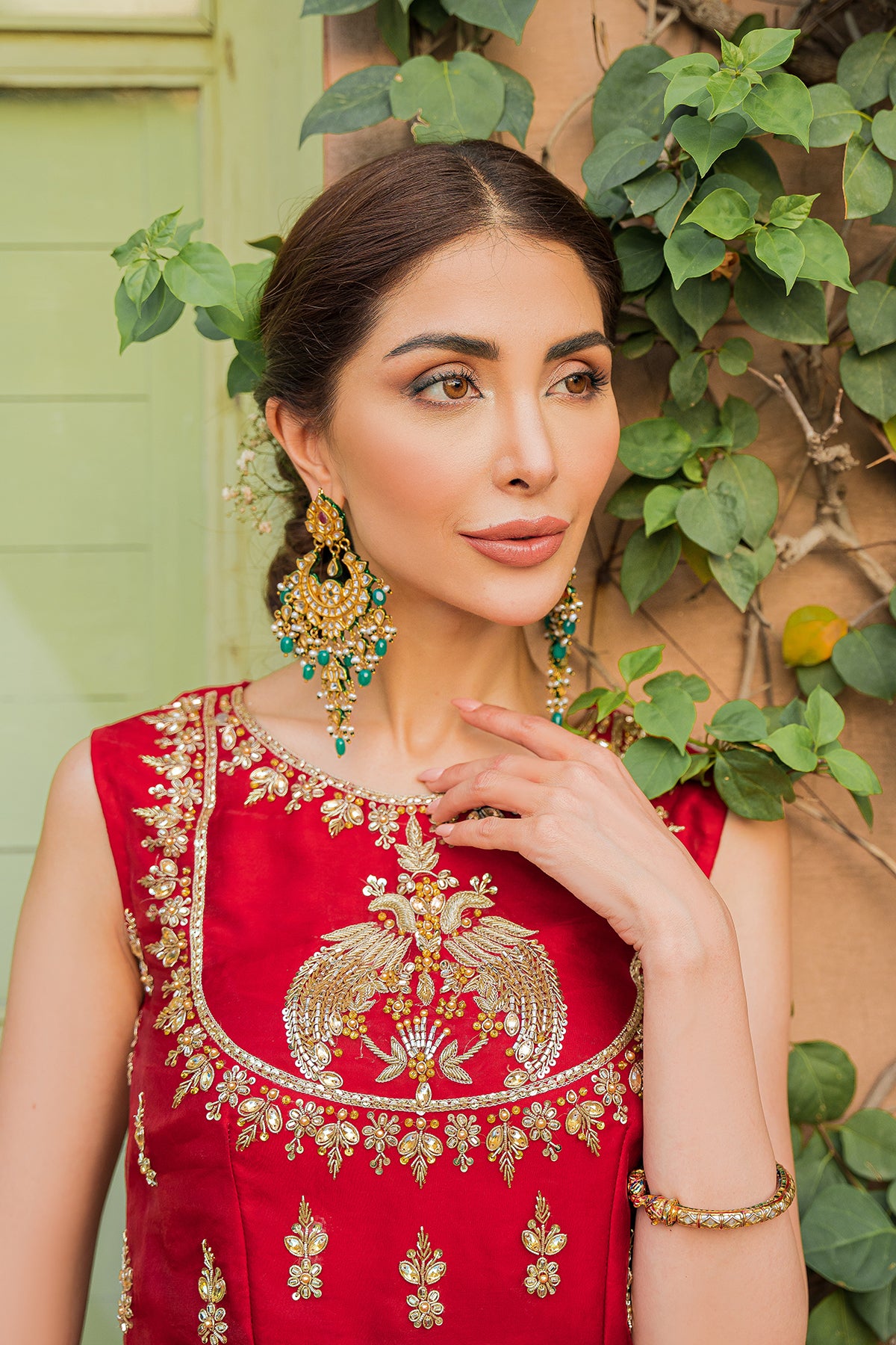 Pakistani Red Dabka & Crystal Organza Pishwas (3-Piece) - Image 3