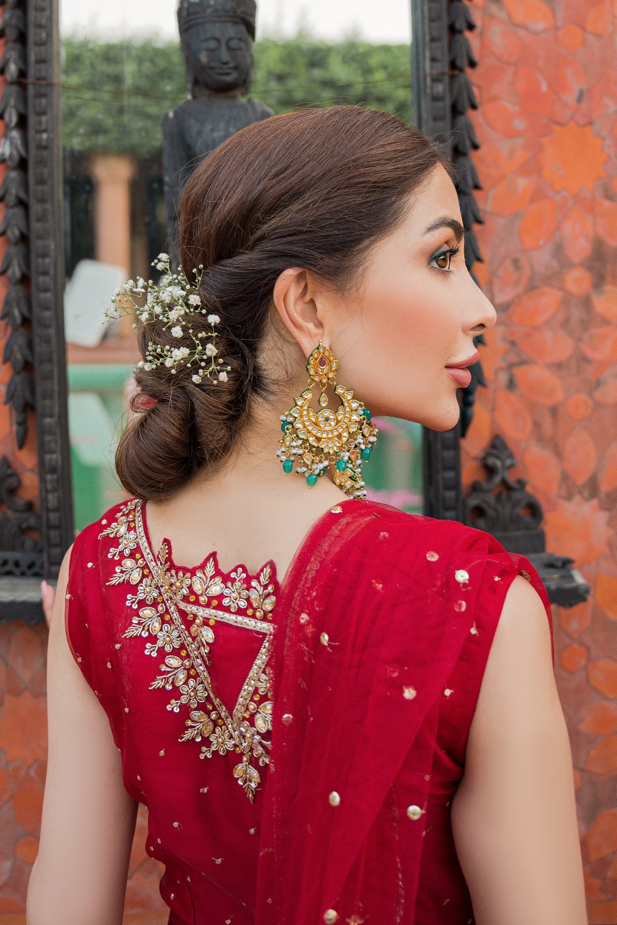 Pakistani Red Dabka & Crystal Organza Pishwas (3-Piece) - Image 4