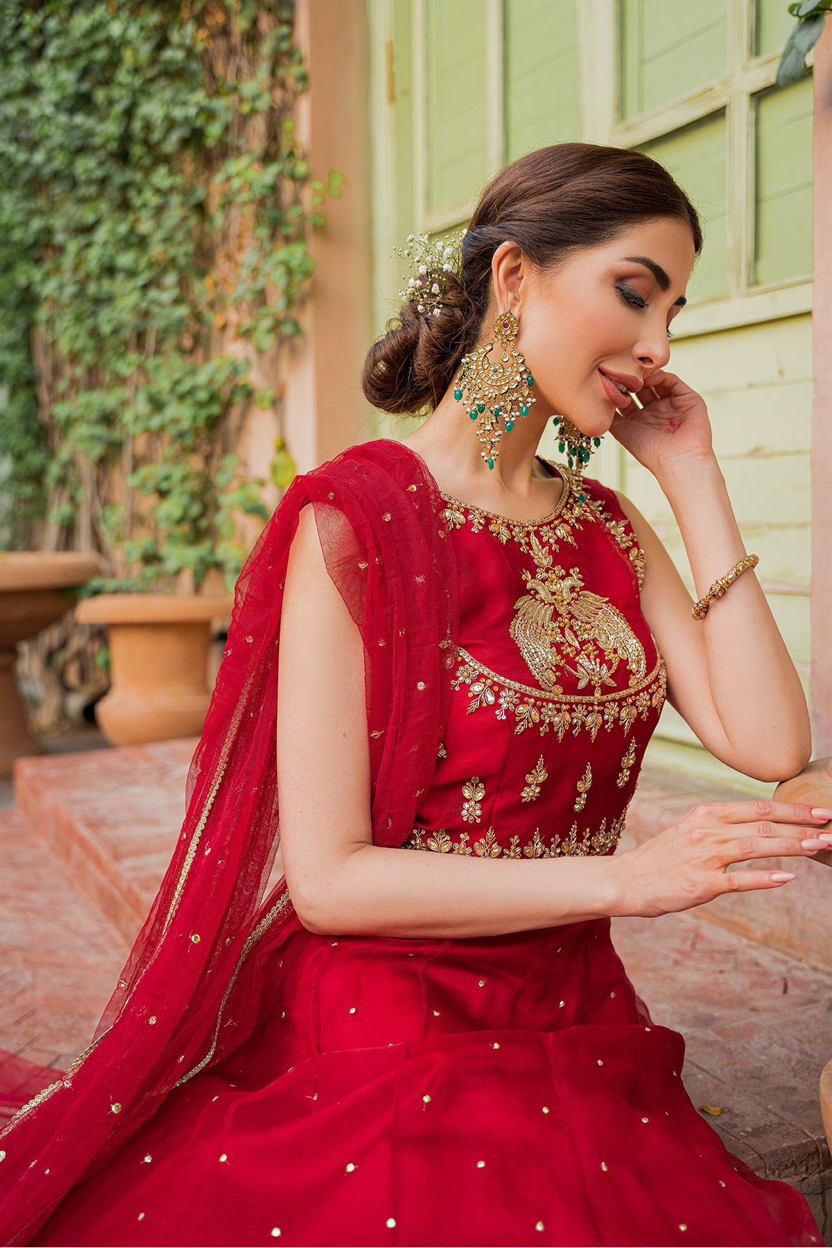 Pakistani Red Dabka & Crystal Organza Pishwas (3-Piece) - Image 5