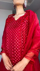 Deep Red Embroidered Organza Peshwas (3-Piece) - Image 2