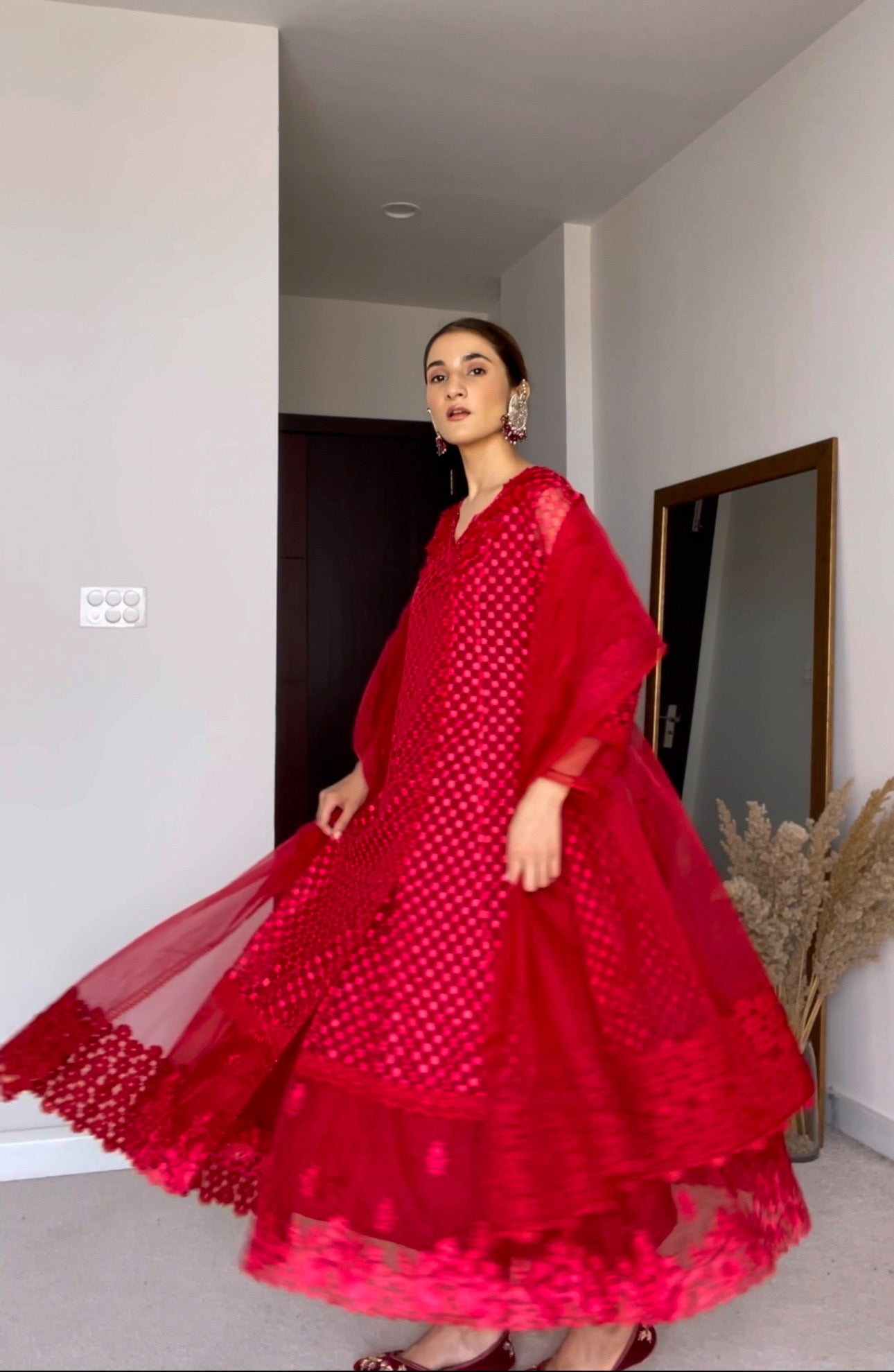 Deep Red Embroidered Organza Peshwas (3-Piece) - Image 3