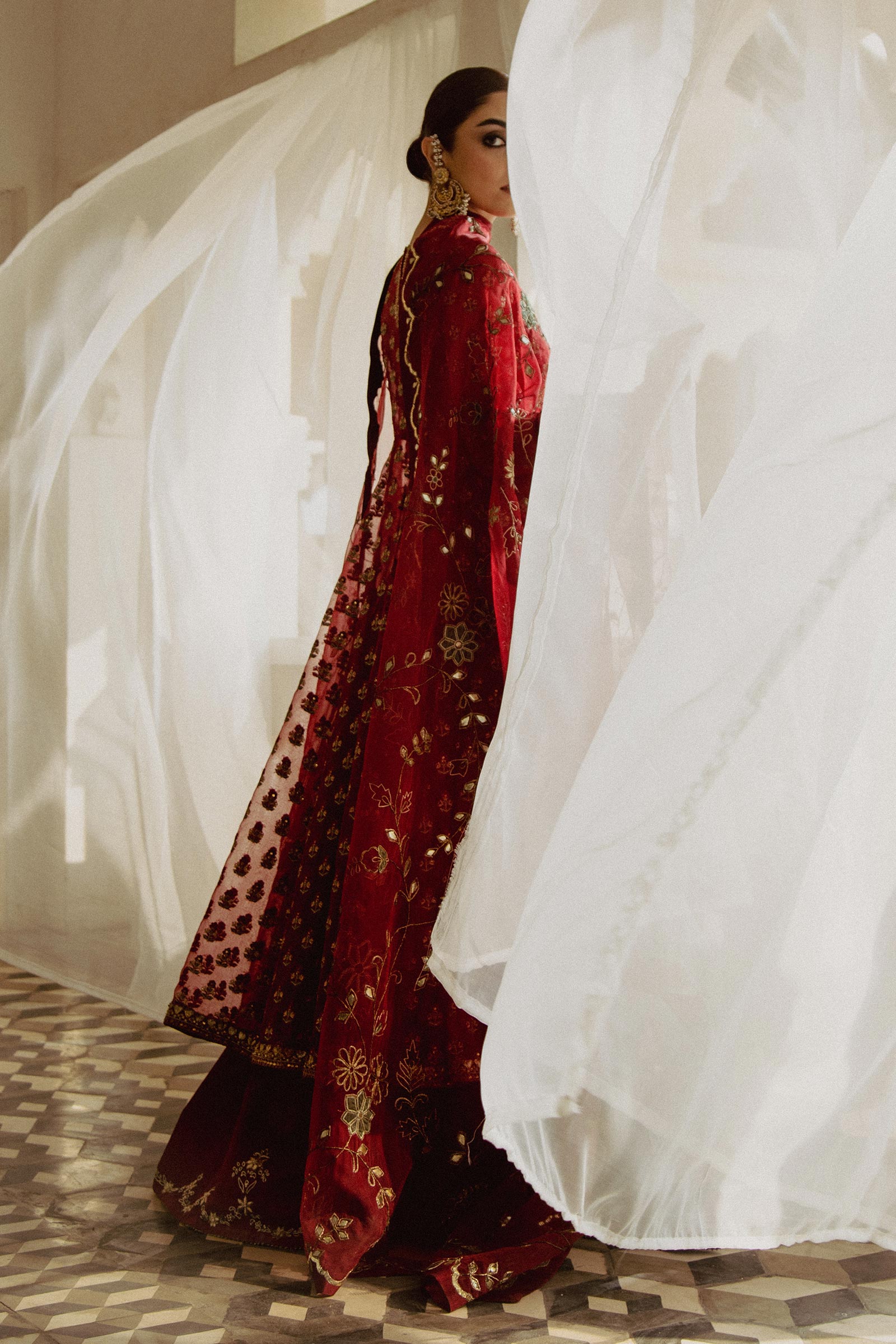 Pakistani Deep Red Embroidered Organza Pishwas Dress (3-Piece) - Image 3