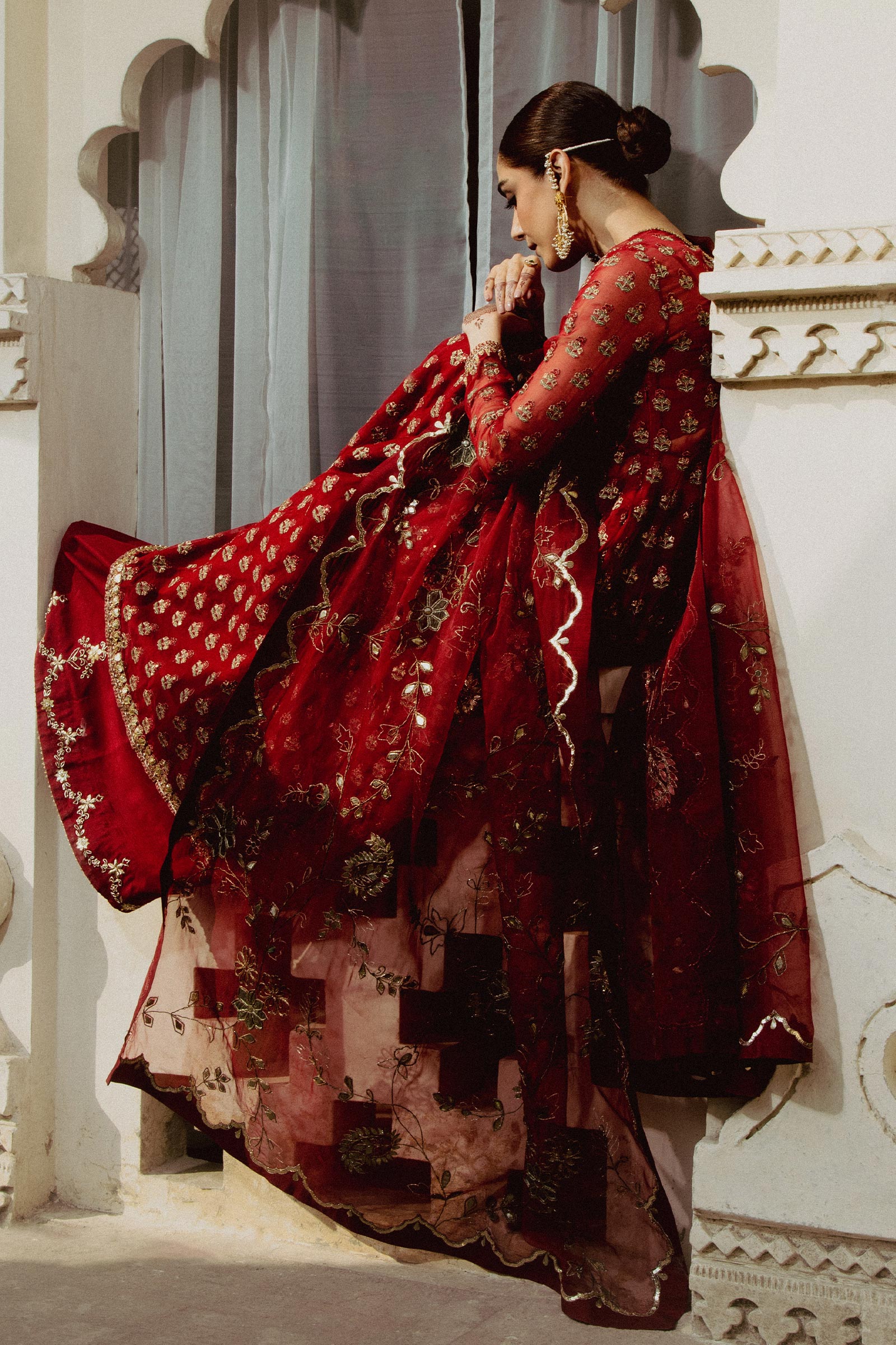 Pakistani Deep Red Embroidered Organza Pishwas Dress (3-Piece) - Image 4