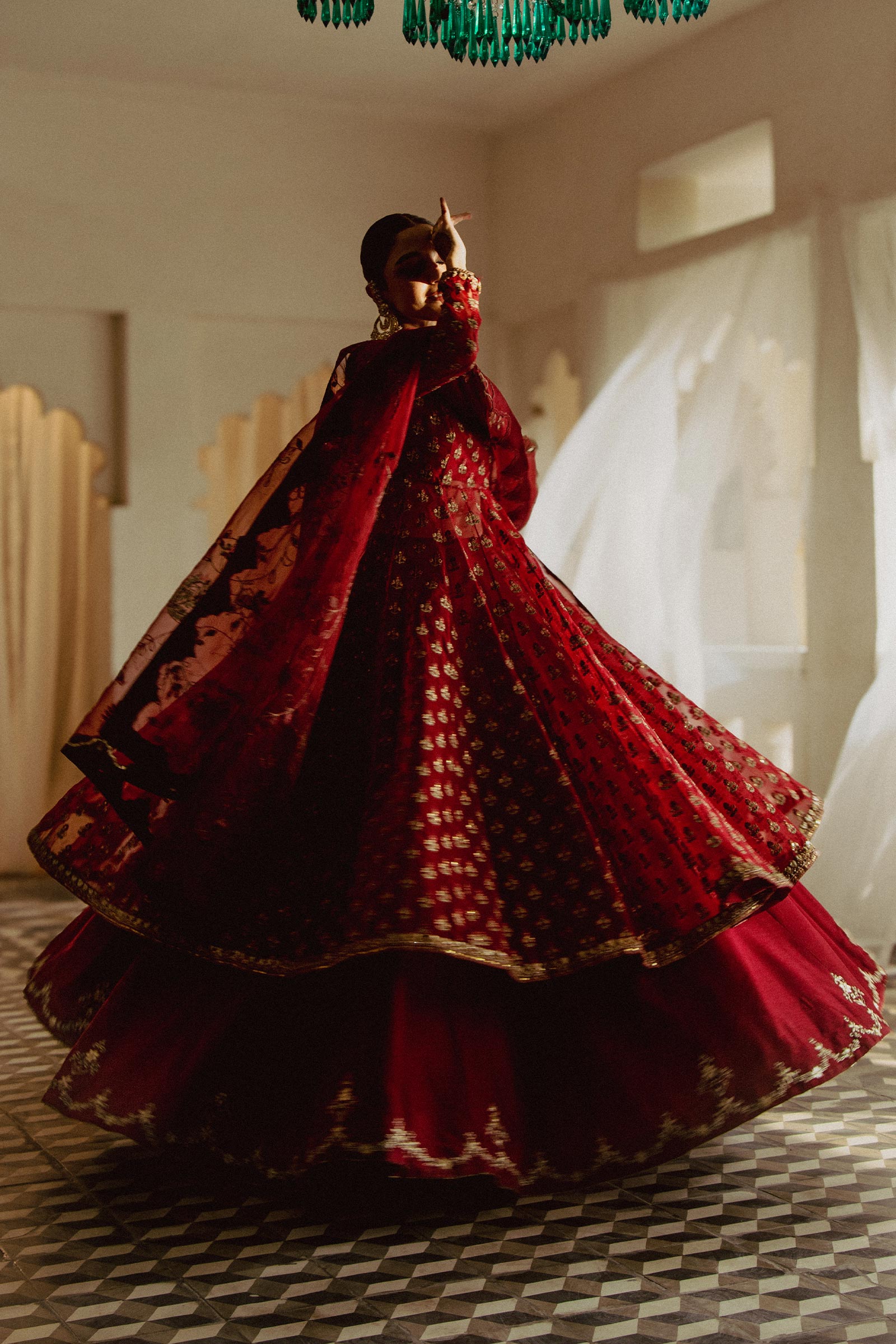 Pakistani Deep Red Embroidered Organza Pishwas Dress (3-Piece) - Image 5