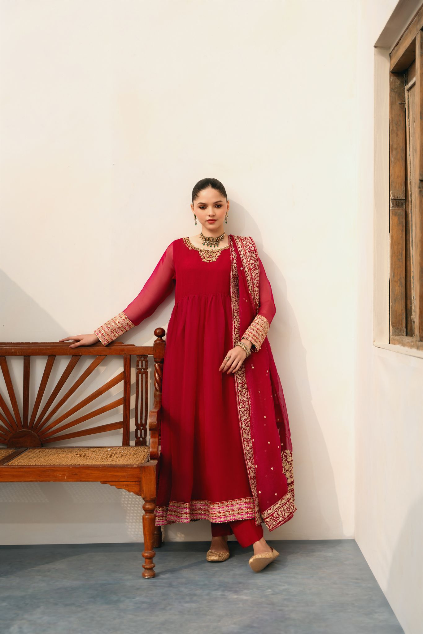 Pakistani Deep Red Handworked Pure Organza Pishwas (3-Piece) - Image 1