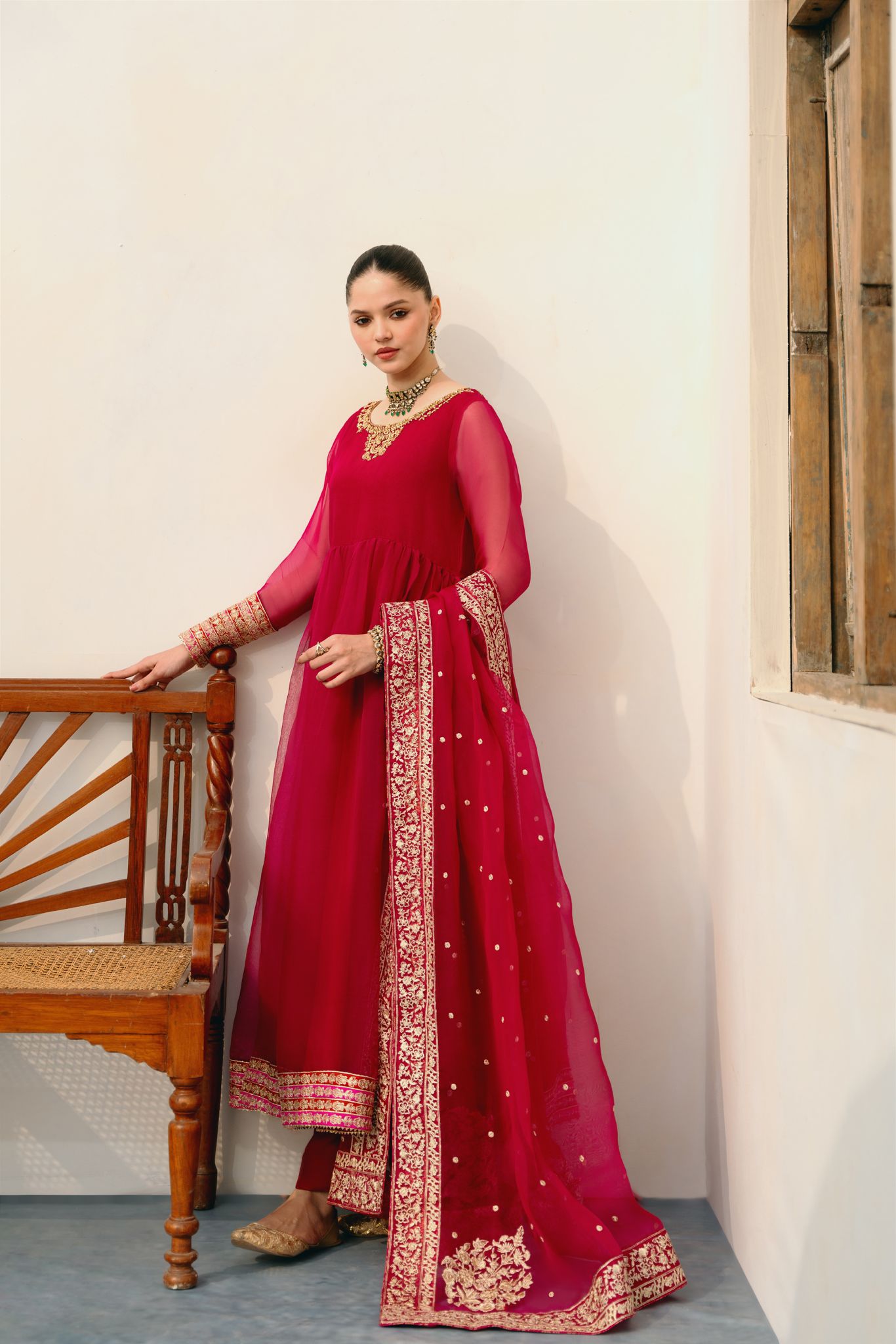 Pakistani Deep Red Handworked Pure Organza Pishwas (3-Piece) - Image 2