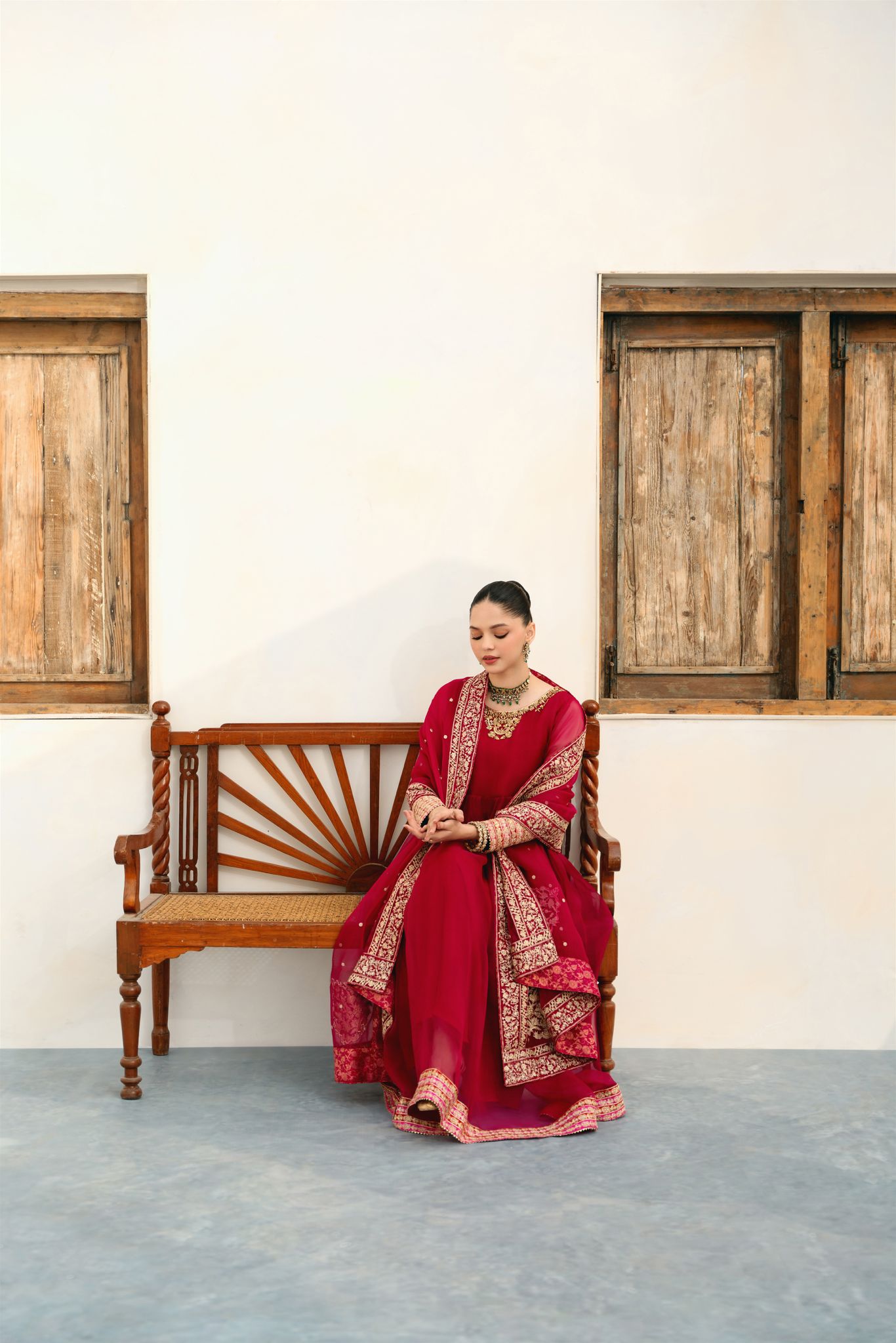 Pakistani Deep Red Handworked Pure Organza Pishwas (3-Piece) - Image 3