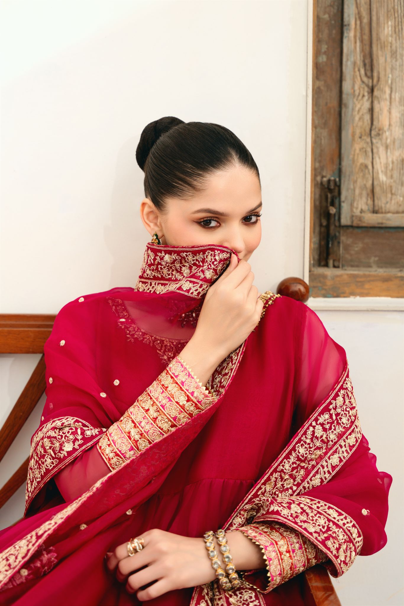 Pakistani Deep Red Handworked Pure Organza Pishwas (3-Piece) - Image 4