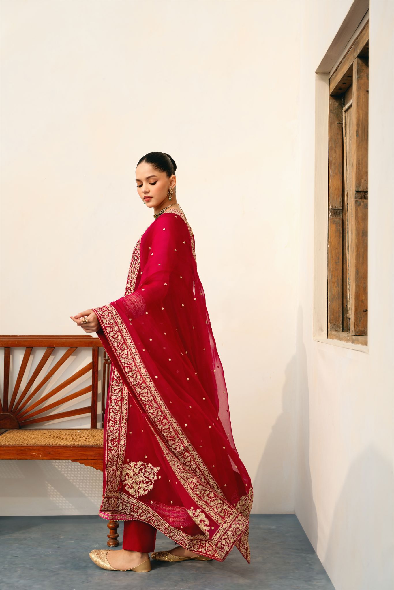 Pakistani Deep Red Handworked Pure Organza Pishwas (3-Piece) - Image 5