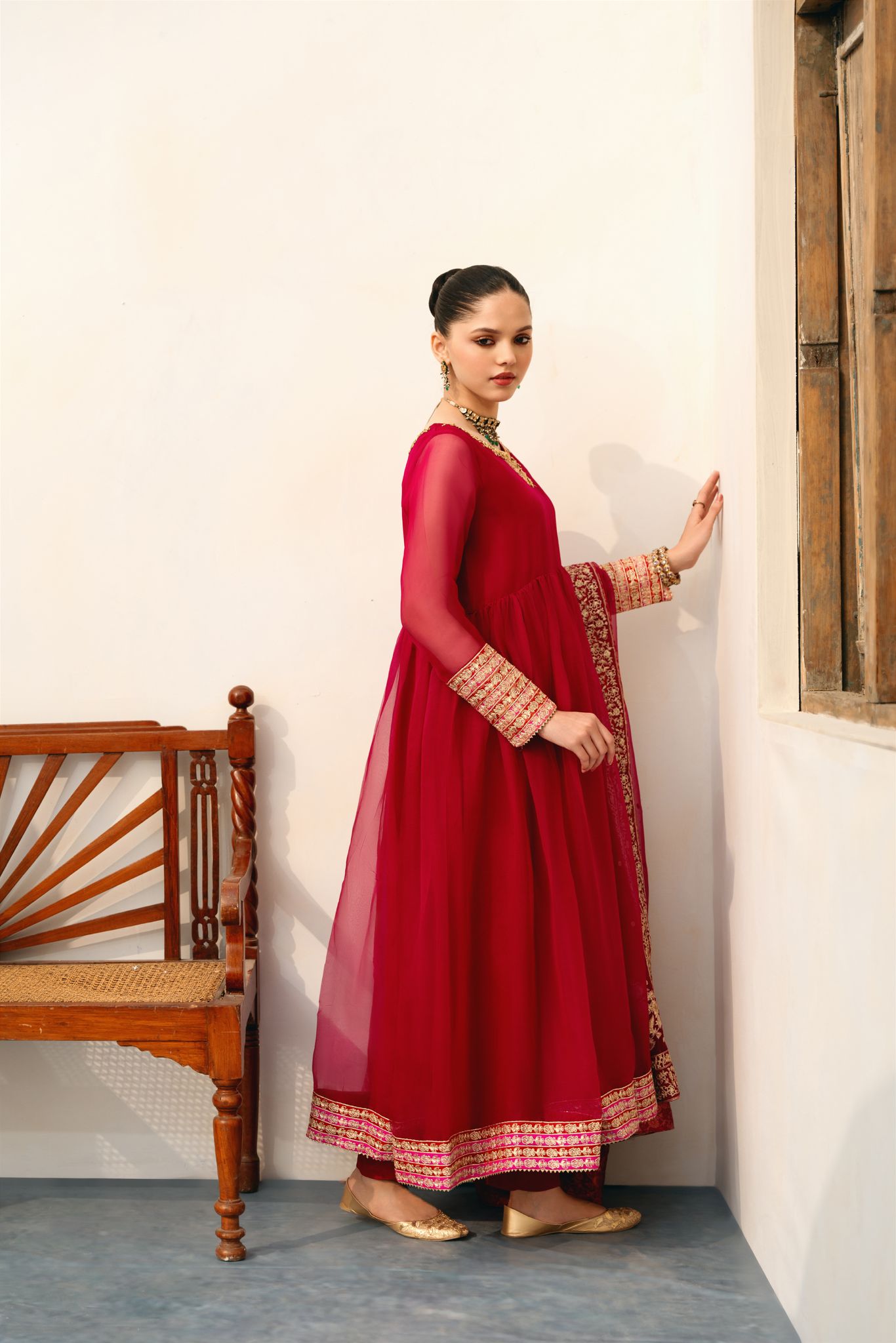 Pakistani Deep Red Handworked Pure Organza Pishwas (3-Piece) - Image 6