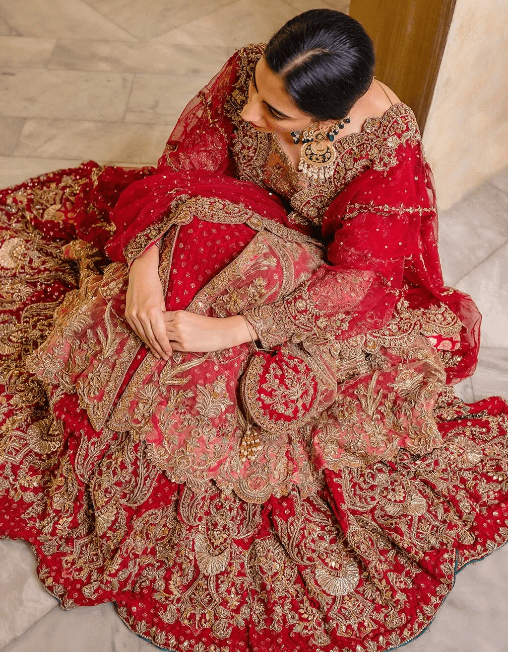 Peach and Deep Red Mukesh Net Pishwas (2-Piece) - Image 3