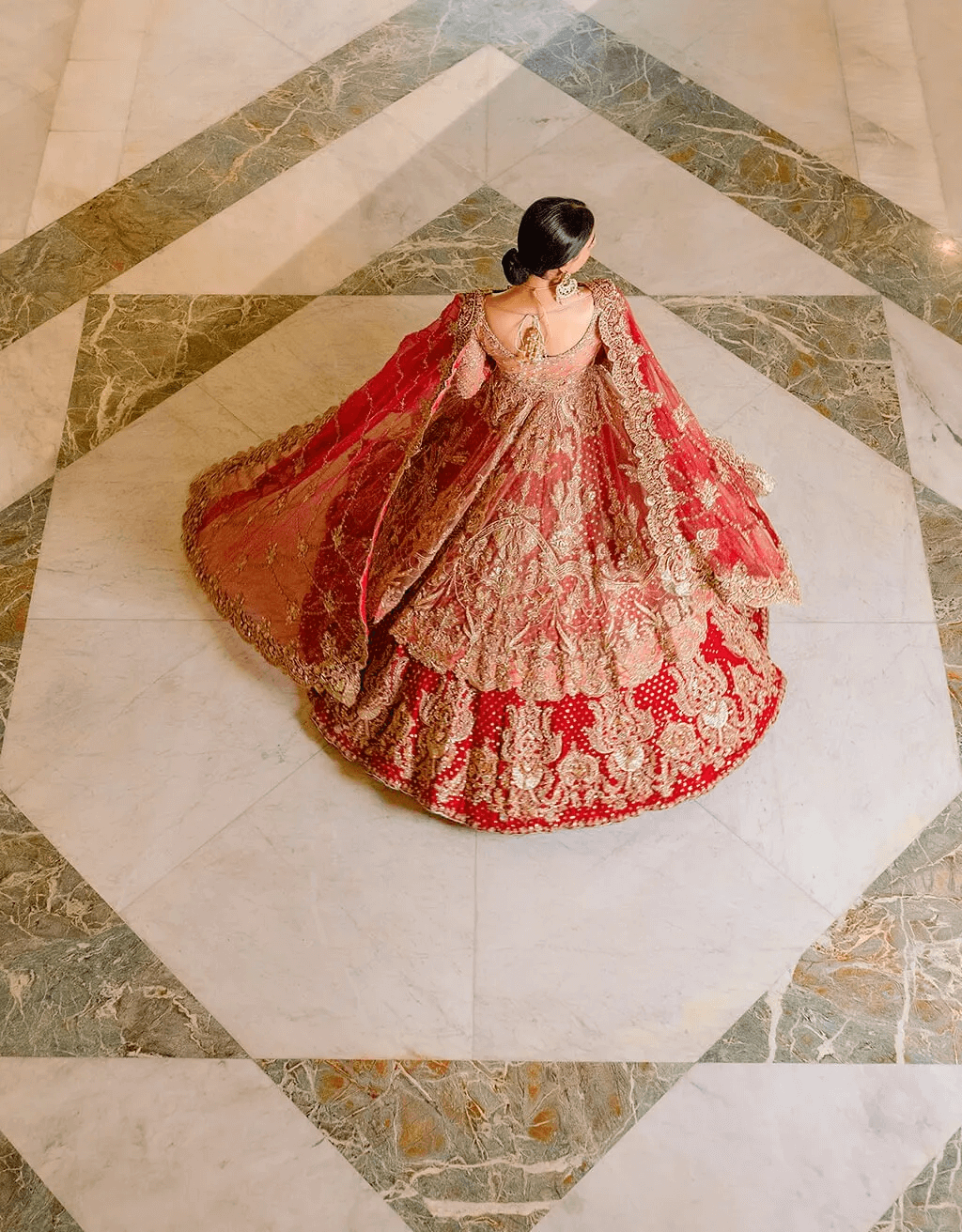 Peach and Deep Red Mukesh Net Pishwas (2-Piece) - Image 5