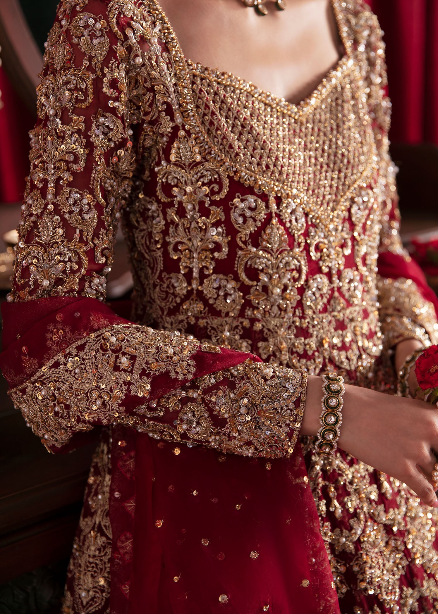 Deep Red Embellished Organza Pishwas Dress (3-Piece) - Image 4