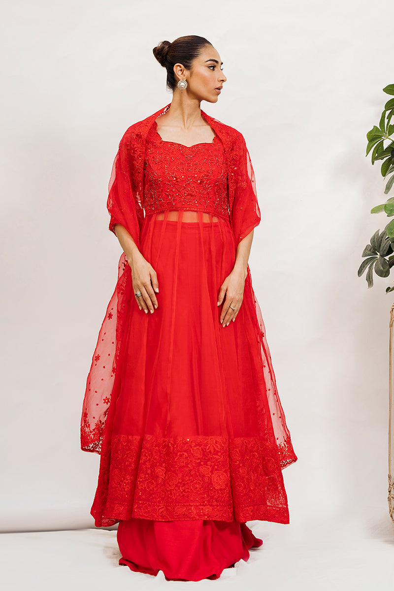 Red Embroidered Organza Pishwas Dress (3-Piece) - Image 2