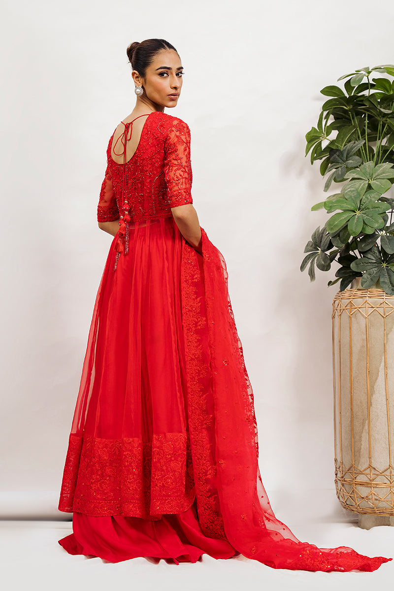 Red Embroidered Organza Pishwas Dress (3-Piece) - Image 4