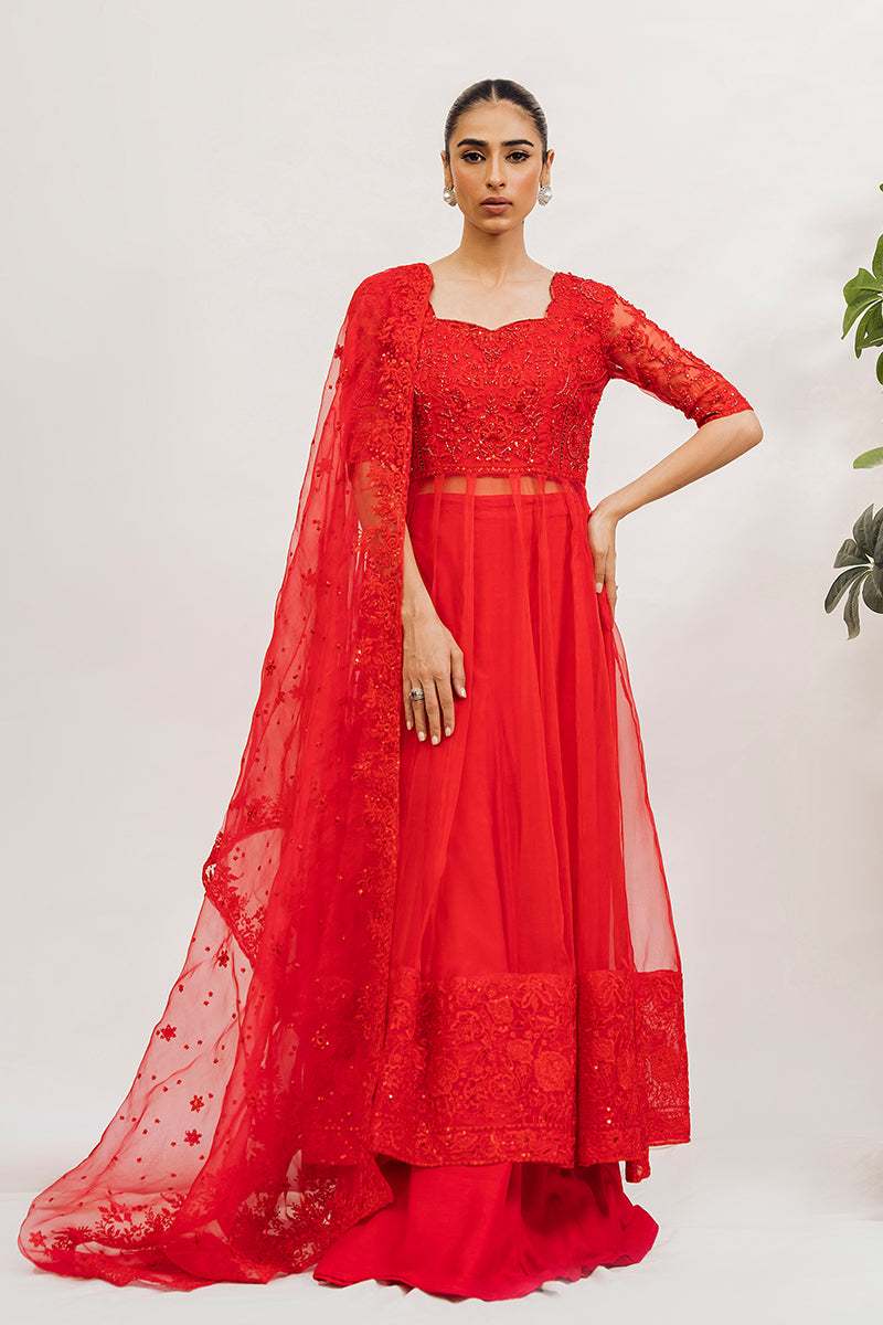 Pakistani Red Embroidered Organza Pishwas Dress (3-Piece) - Image 1