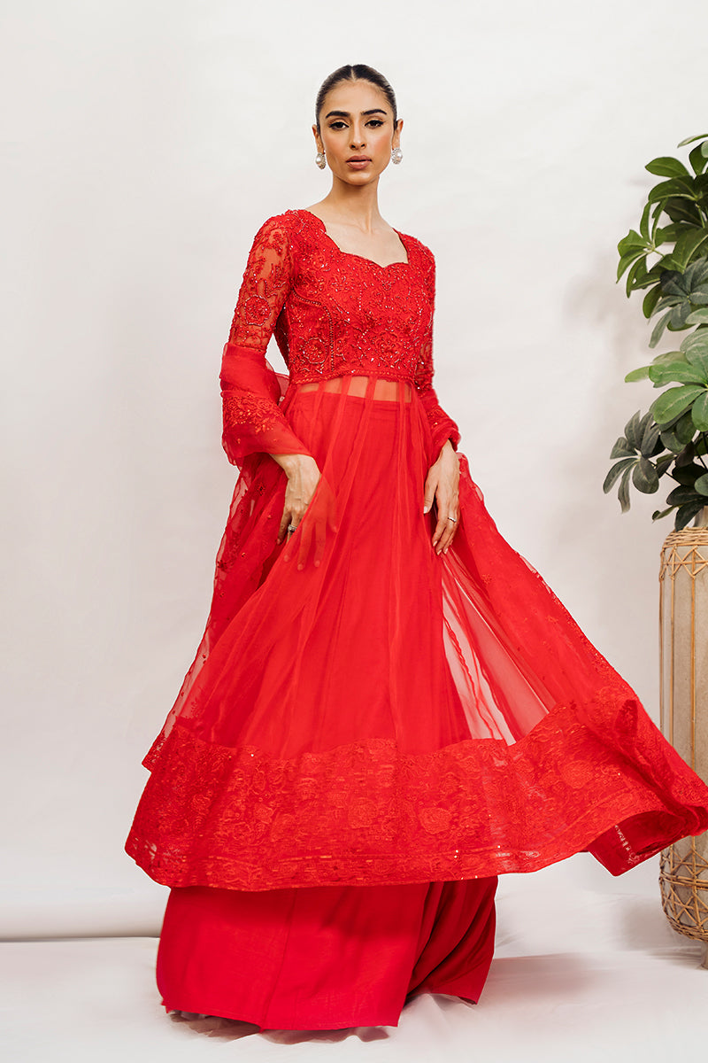 Pakistani Red Embroidered Organza Pishwas Dress (3-Piece) - Image 3