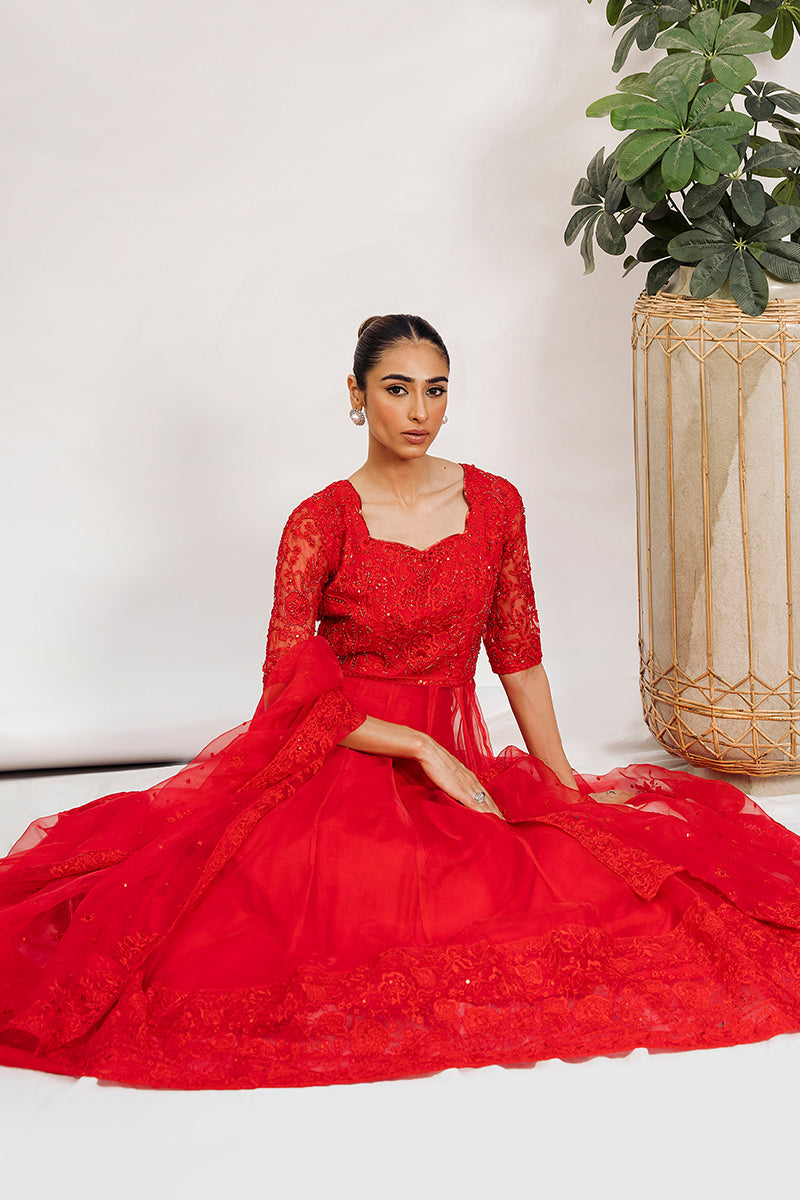 Pakistani Red Embroidered Organza Pishwas Dress (3-Piece) - Image 5