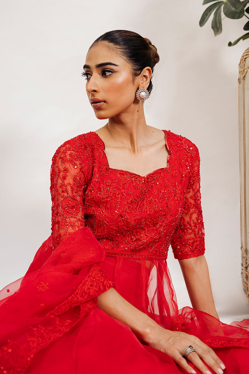Pakistani Red Embroidered Organza Pishwas Dress (3-Piece) - Image 6