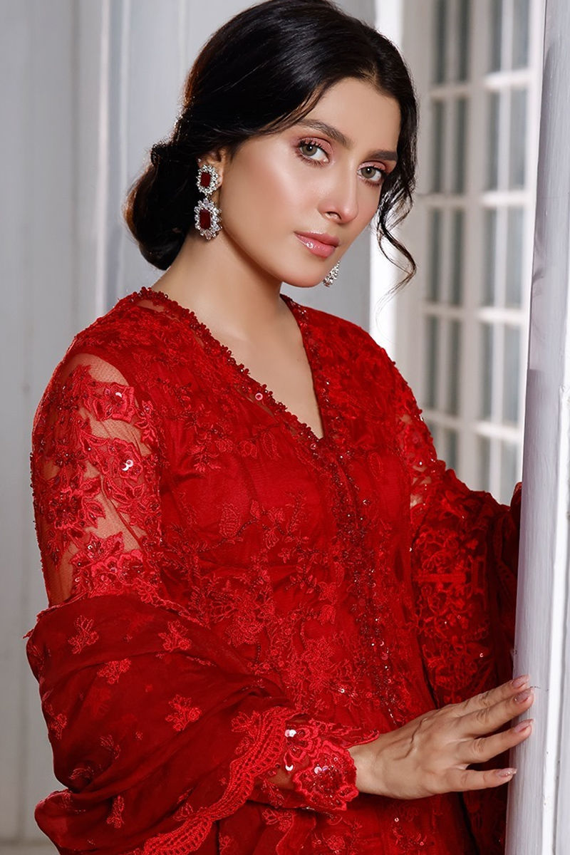 Red Embroidered Organza Pishwas Dress (2-Piece) - Image 5