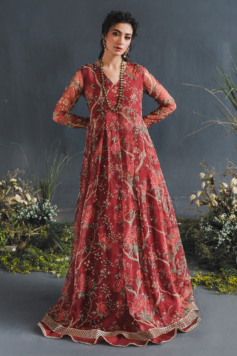 Ruby Red Floral Embroidered Organza Pishwas (2-Piece) - Image 2