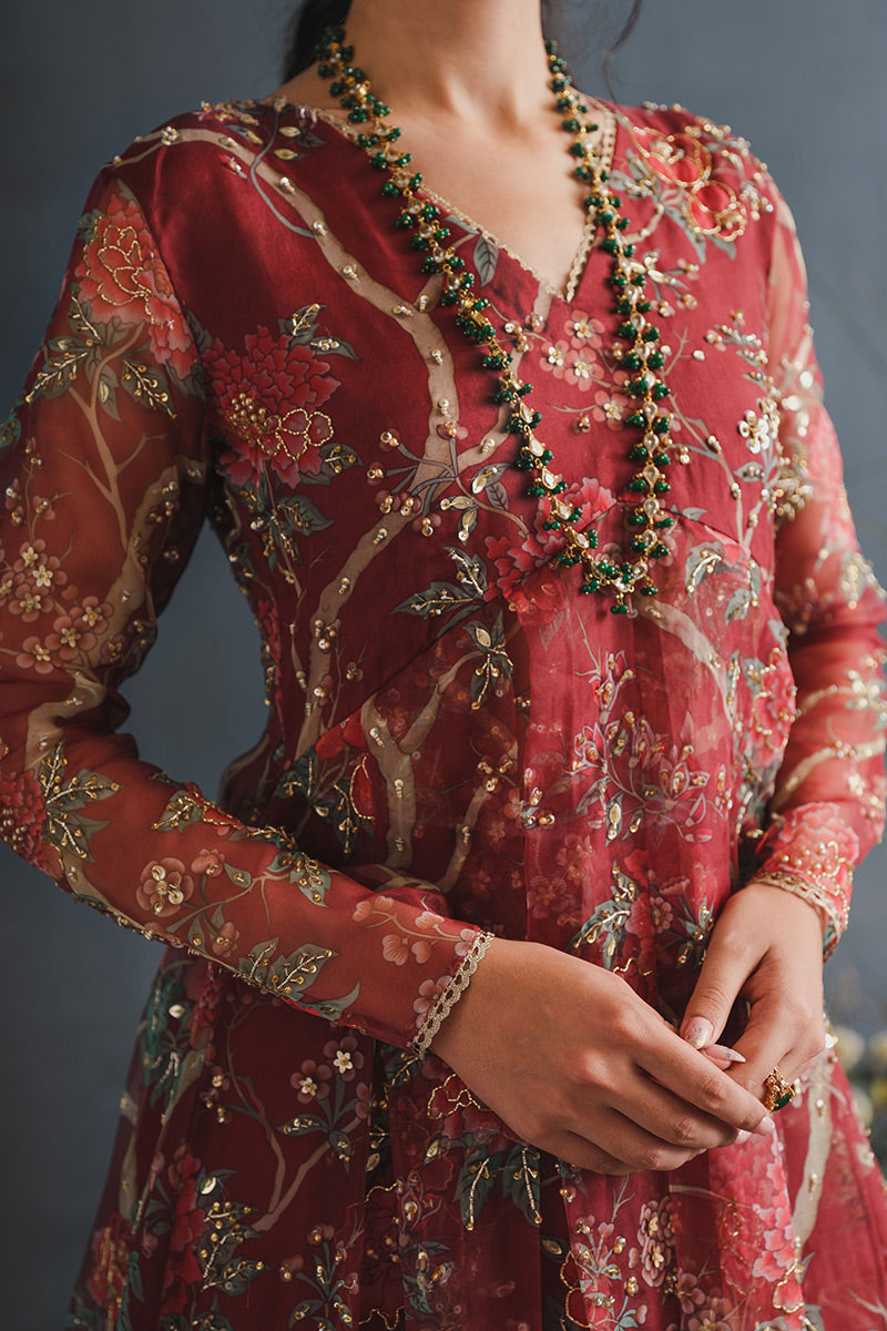 Ruby Red Floral Embroidered Organza Pishwas (2-Piece) - Image 3