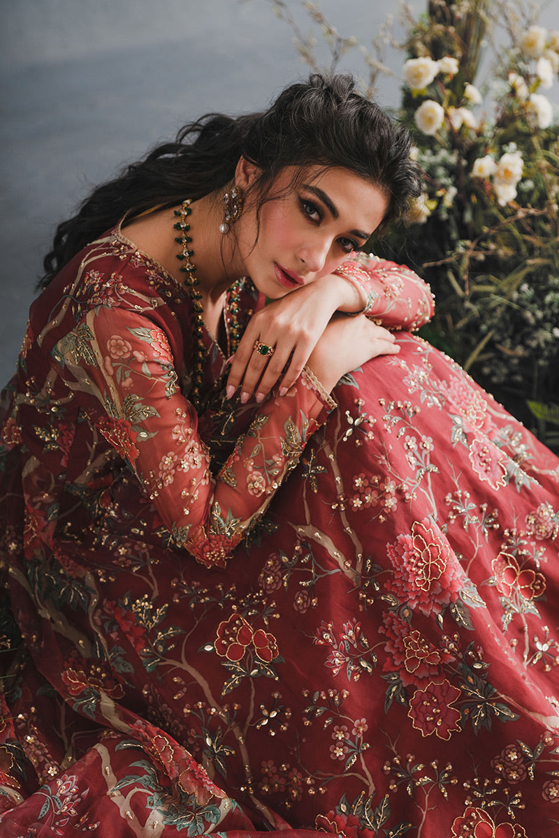 Ruby Red Floral Embroidered Organza Pishwas (2-Piece) - Image 5