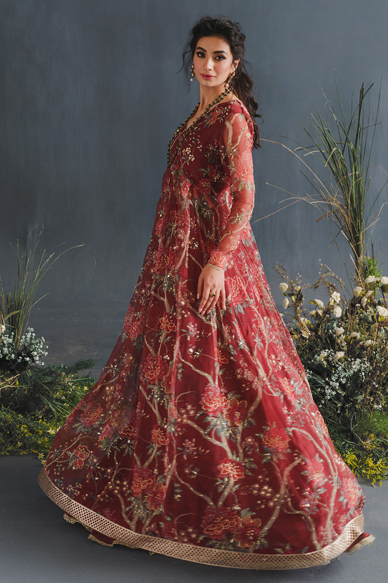 Ruby Red Floral Embroidered Organza Pishwas (2-Piece) - Image 7