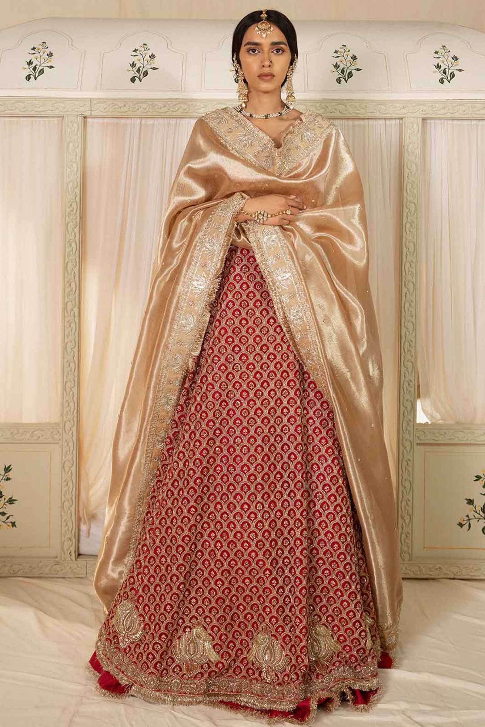 Pakistani Deep Red Zardozi Organza Pishwas Dress (3-Piece) - Image 1