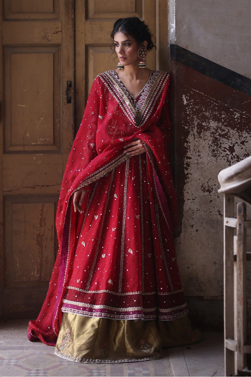 Pakistani Crimson Red Zardozi Organza Pishwas Dress (3-Piece) - Image 1