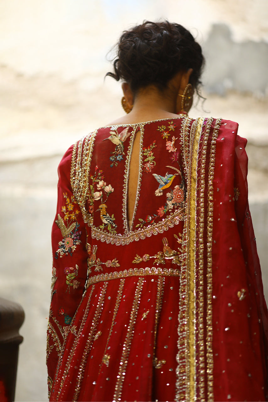 Pakistani Crimson Red Zardozi Organza Pishwas Dress (3-Piece) - Image 2
