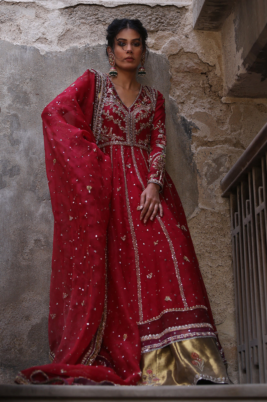 Pakistani Crimson Red Zardozi Organza Pishwas Dress (3-Piece) - Image 3