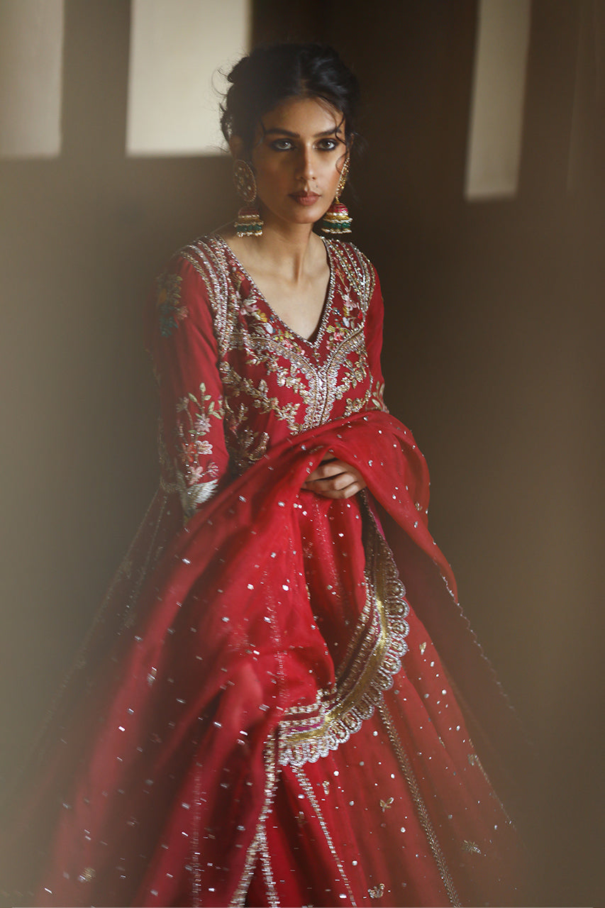 Pakistani Crimson Red Zardozi Organza Pishwas Dress (3-Piece) - Image 4