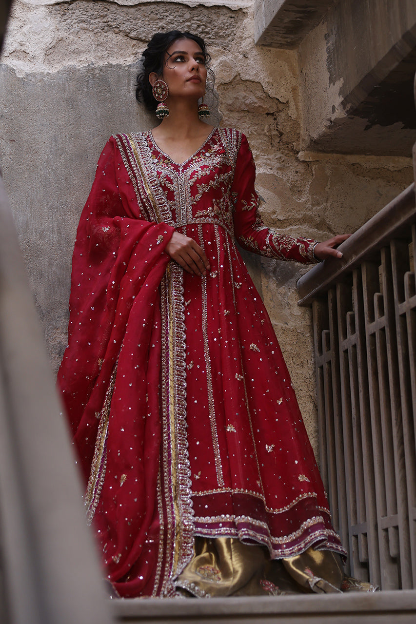 Pakistani Crimson Red Zardozi Organza Pishwas Dress (3-Piece) - Image 5