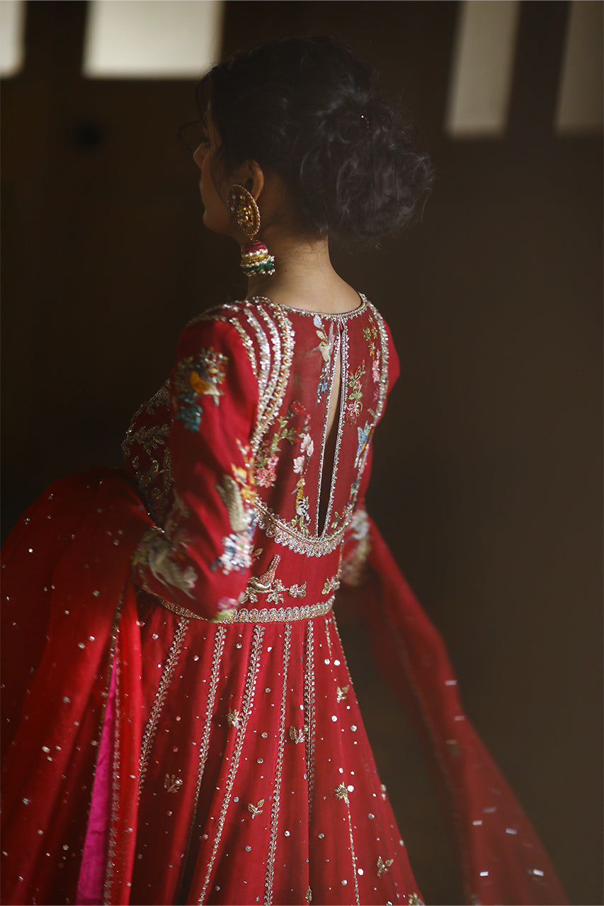 Pakistani Crimson Red Zardozi Organza Pishwas Dress (3-Piece) - Image 6