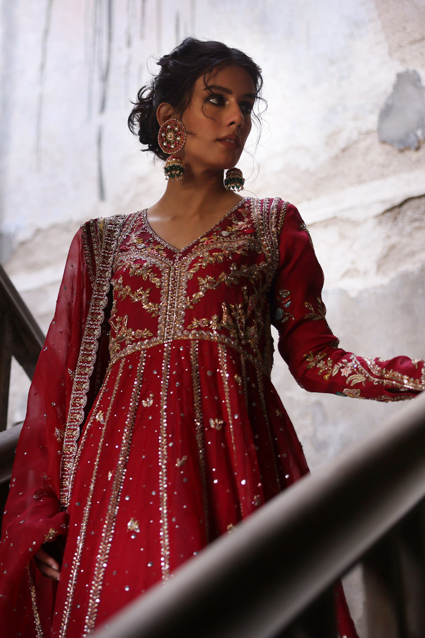 Pakistani Crimson Red Zardozi Organza Pishwas Dress (3-Piece) - Image 7