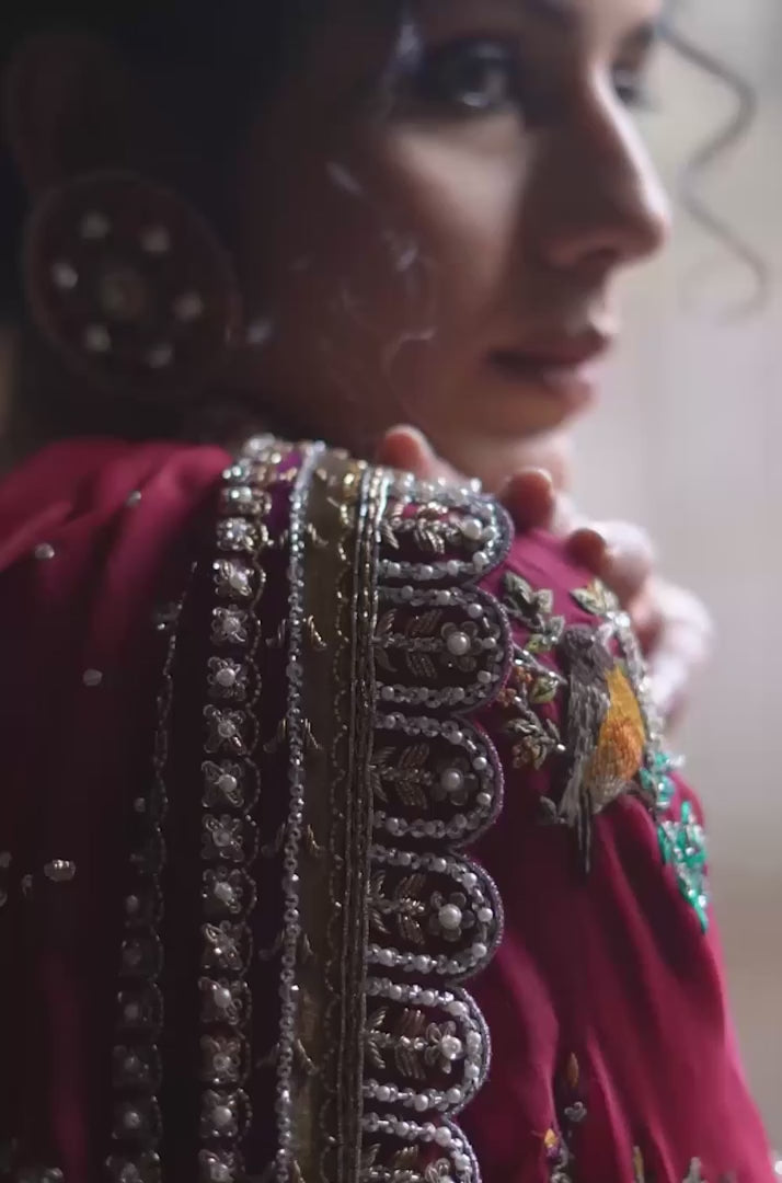 Pakistani Crimson Red Zardozi Organza Pishwas Dress (3-Piece) - Image 8