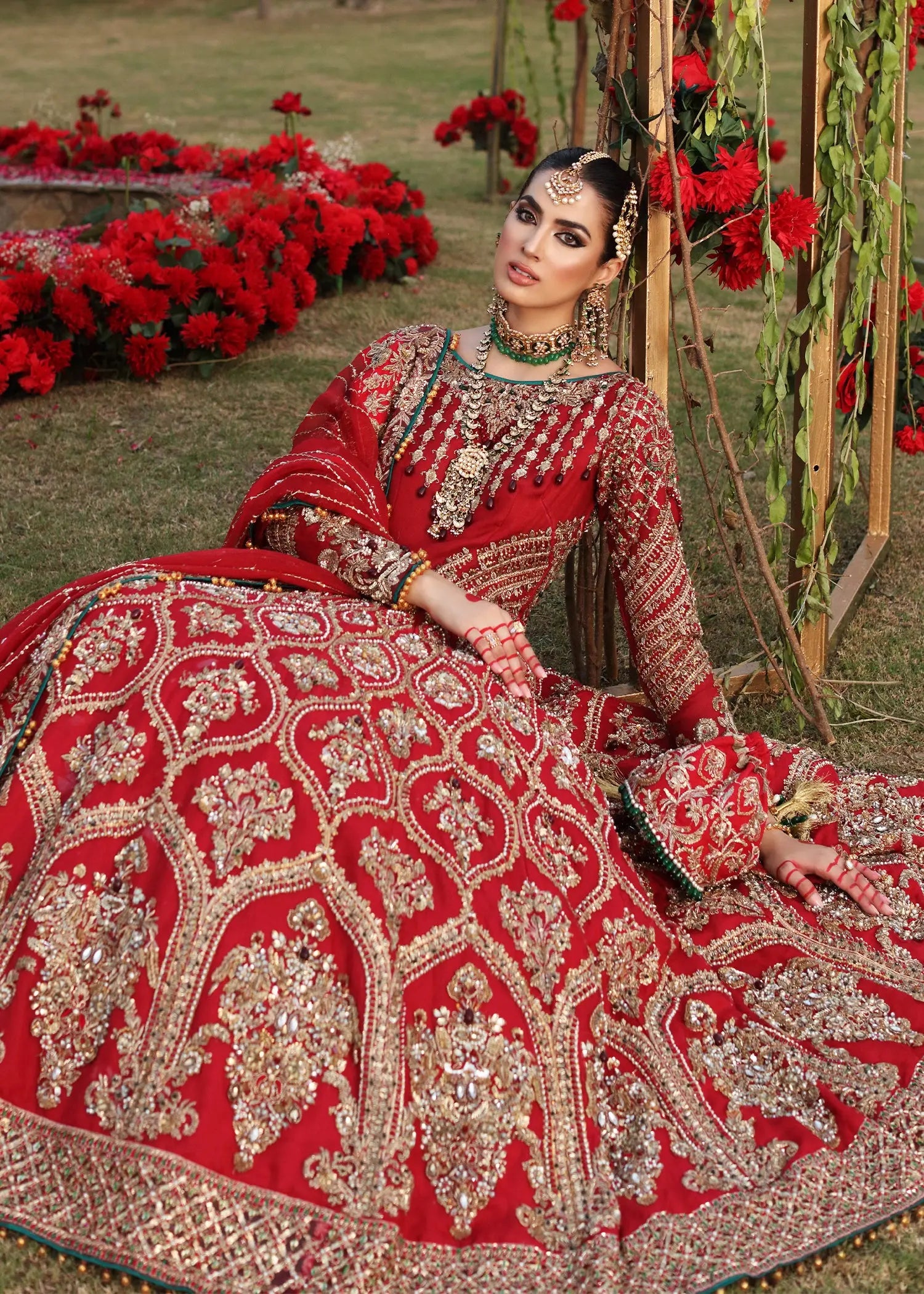 Red Zardozi Organza Pishwas Dress (3-Piece) - Image 3