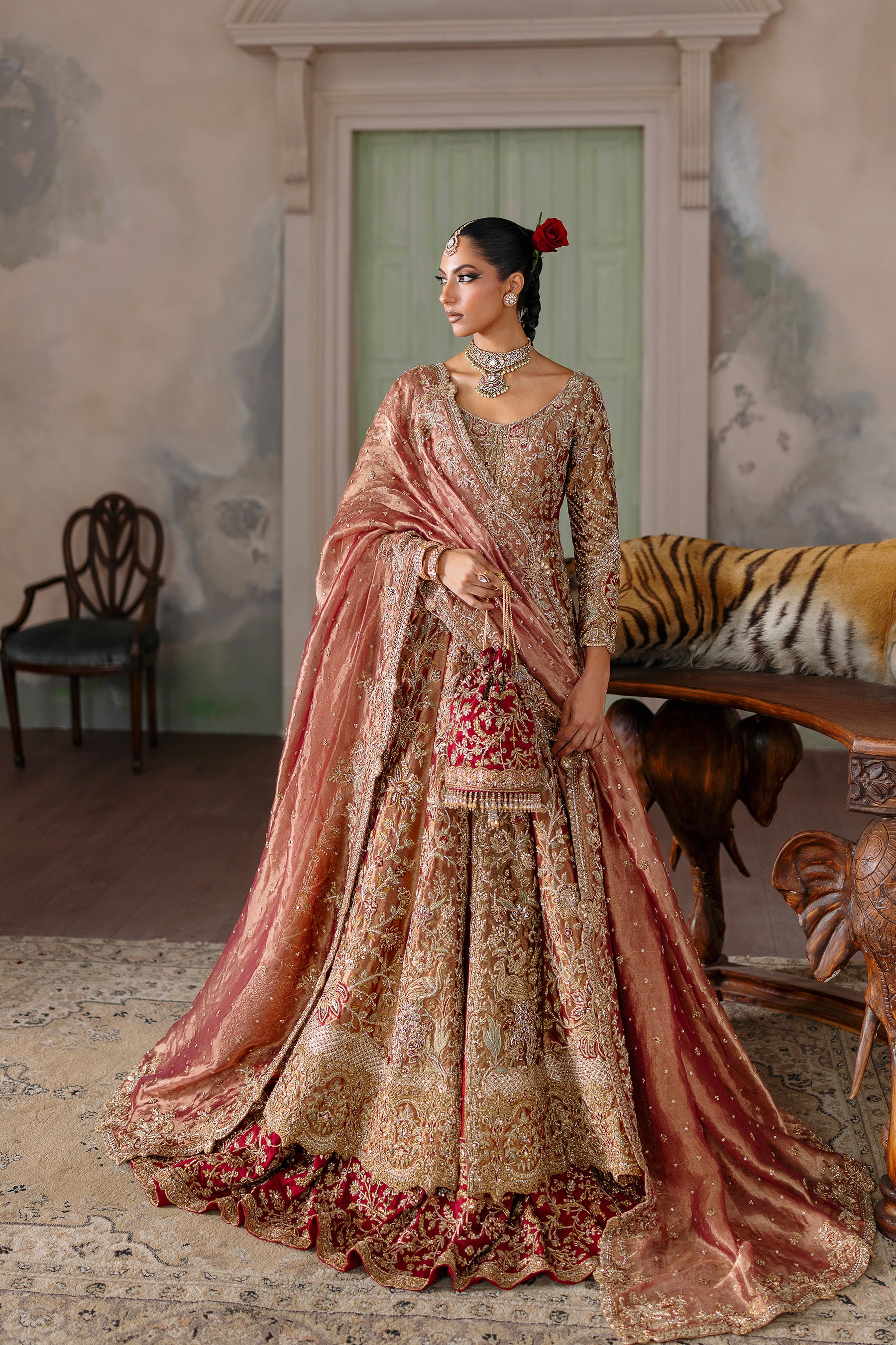 Berry Red Zardozi Pure Tissue Pishwas Dress (4-Piece) - Image 1