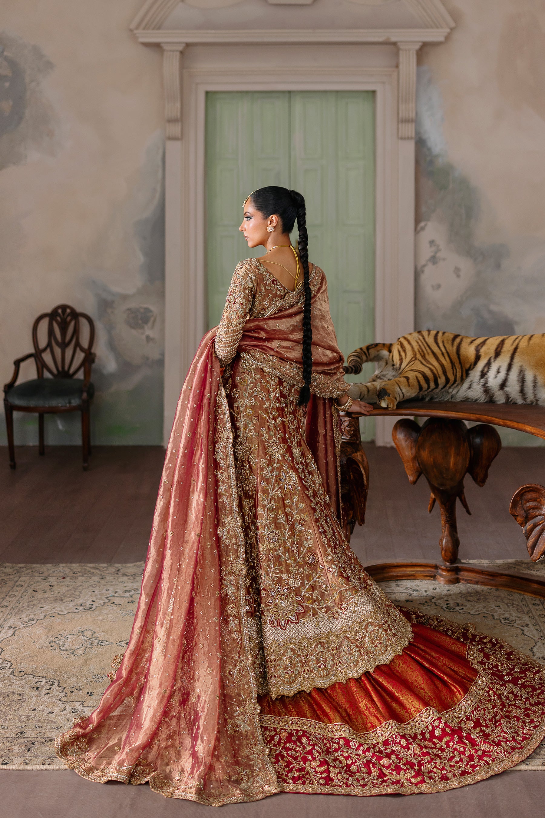 Berry Red Zardozi Pure Tissue Pishwas Dress (4-Piece) - Image 2