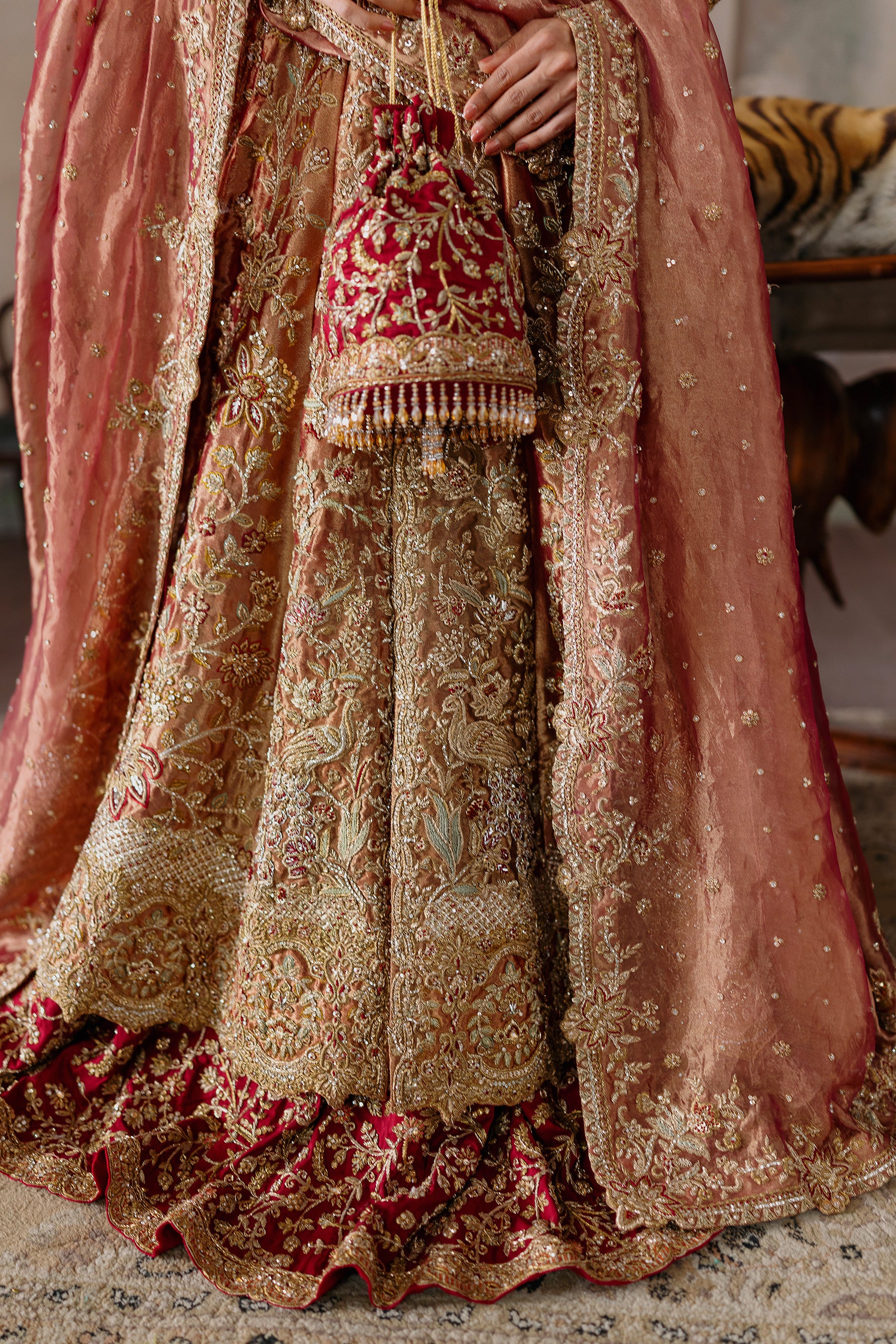 Berry Red Zardozi Pure Tissue Pishwas Dress (4-Piece) - Image 5