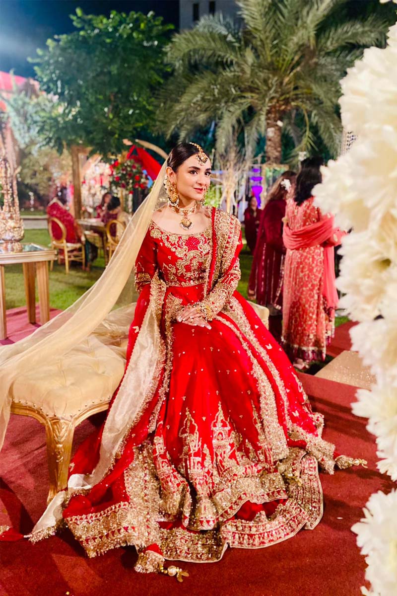 Pakistani Red Antique Gold Embroidered Silk Pishwas (3-Piece) - Image 1