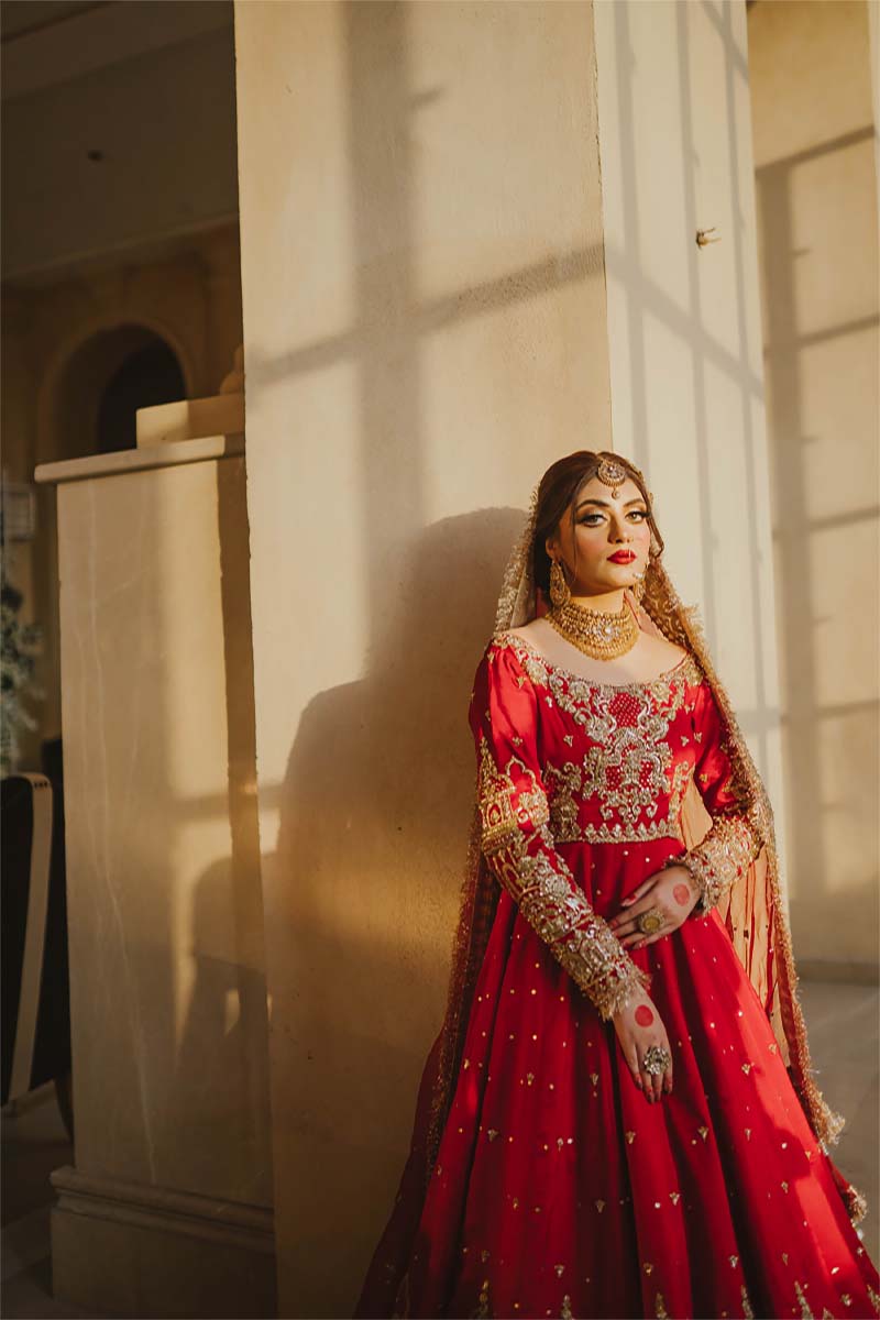 Pakistani Red Antique Gold Embroidered Silk Pishwas (3-Piece) - Image 4