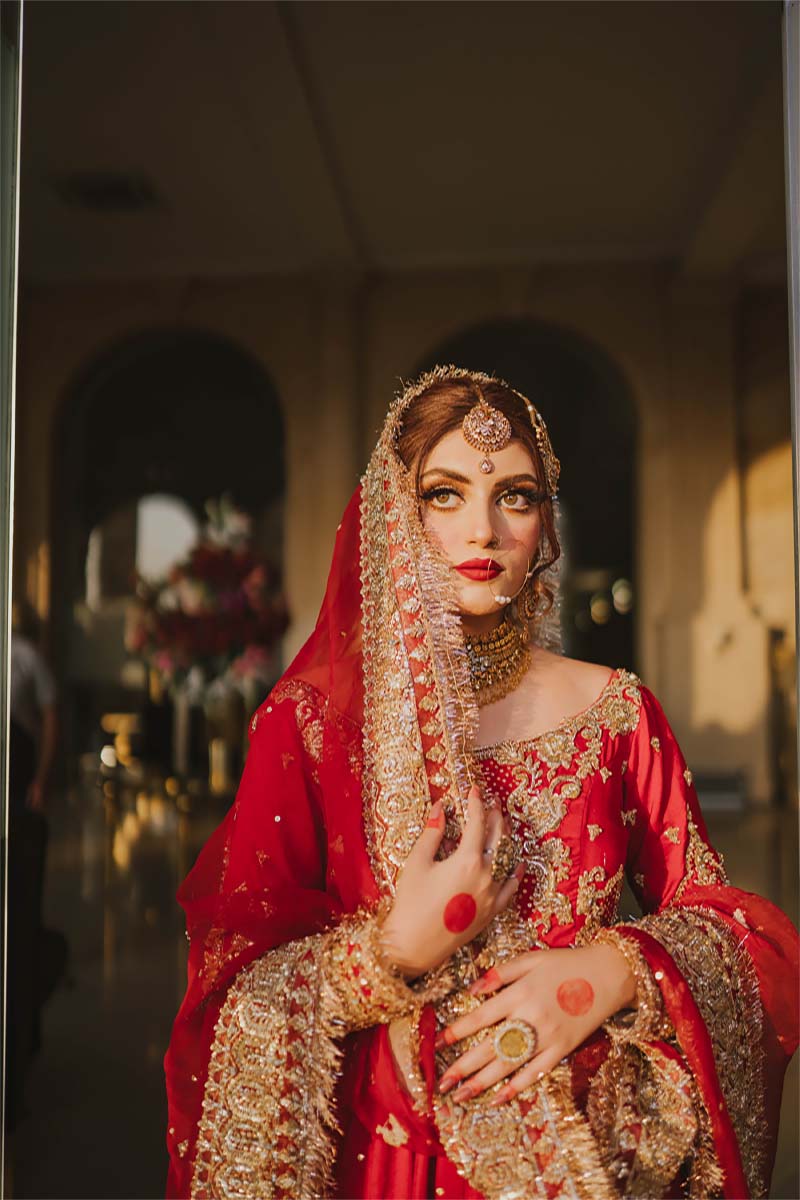 Pakistani Red Antique Gold Embroidered Silk Pishwas (3-Piece) - Image 5