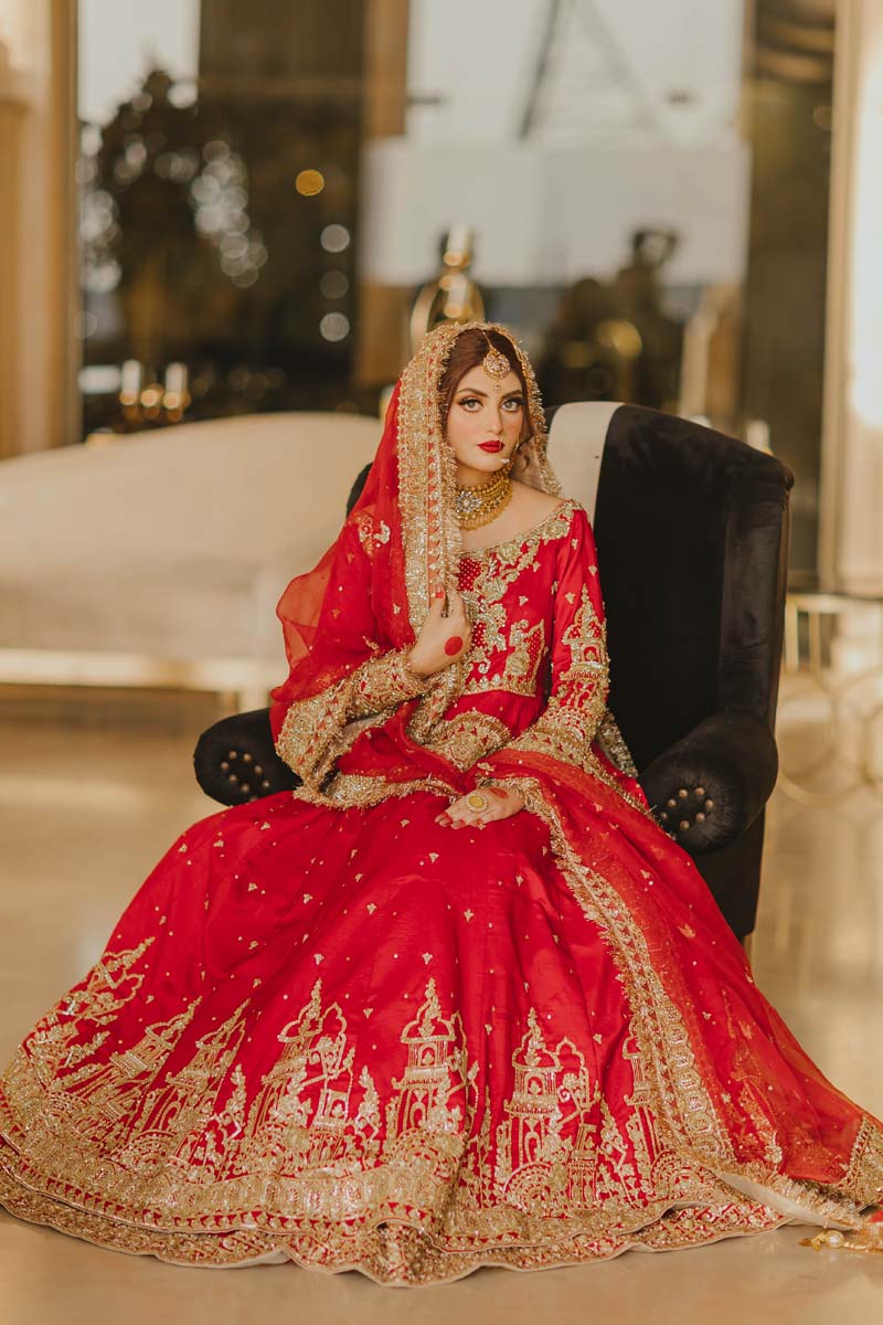 Pakistani Red Antique Gold Embroidered Silk Pishwas (3-Piece) - Image 7