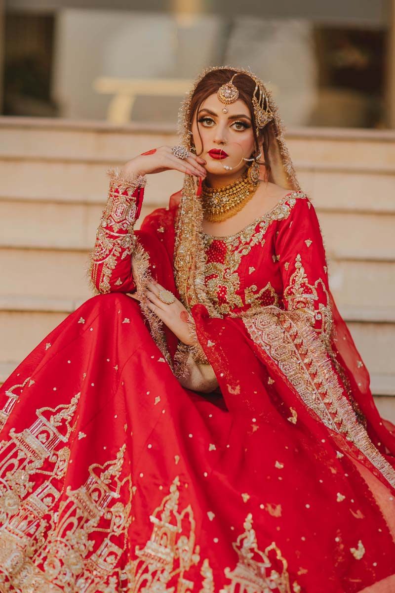 Pakistani Red Antique Gold Embroidered Silk Pishwas (3-Piece) - Image 8