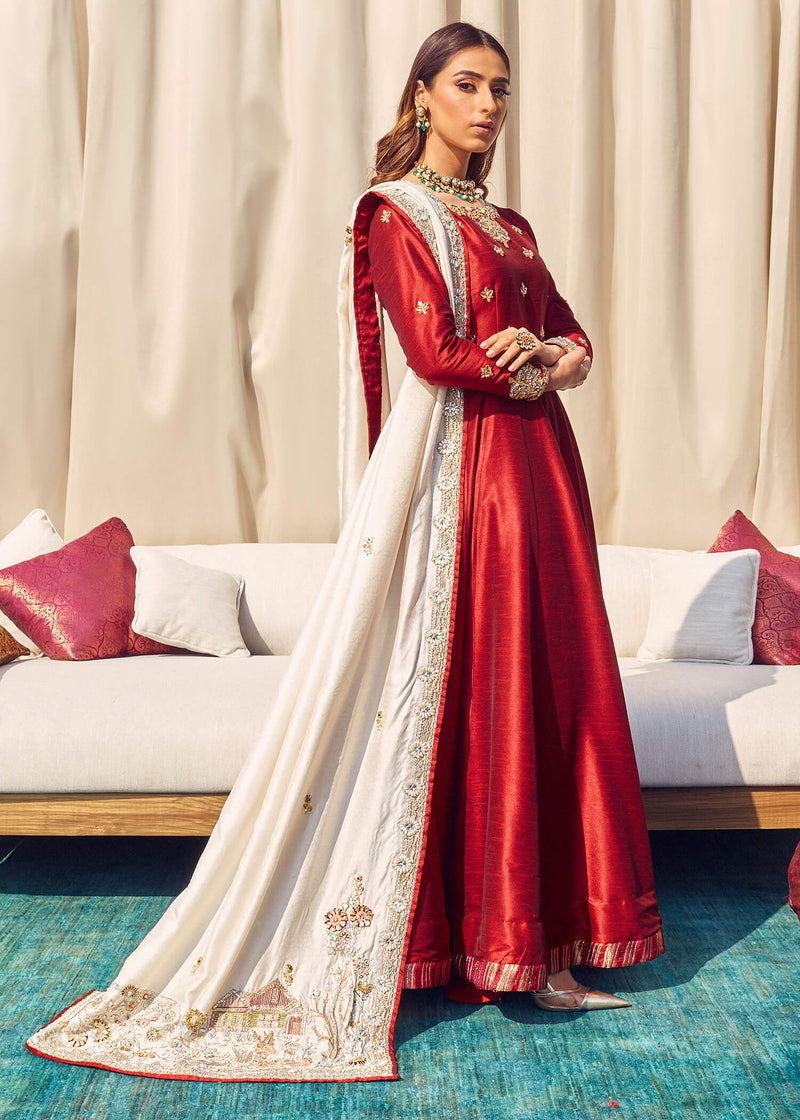 Pakistani Red Embroidered Korean Raw Silk Pishwas (2-Piece) - Image 1