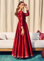 Pakistani Red Embroidered Korean Raw Silk Pishwas (2-Piece) - Image 4