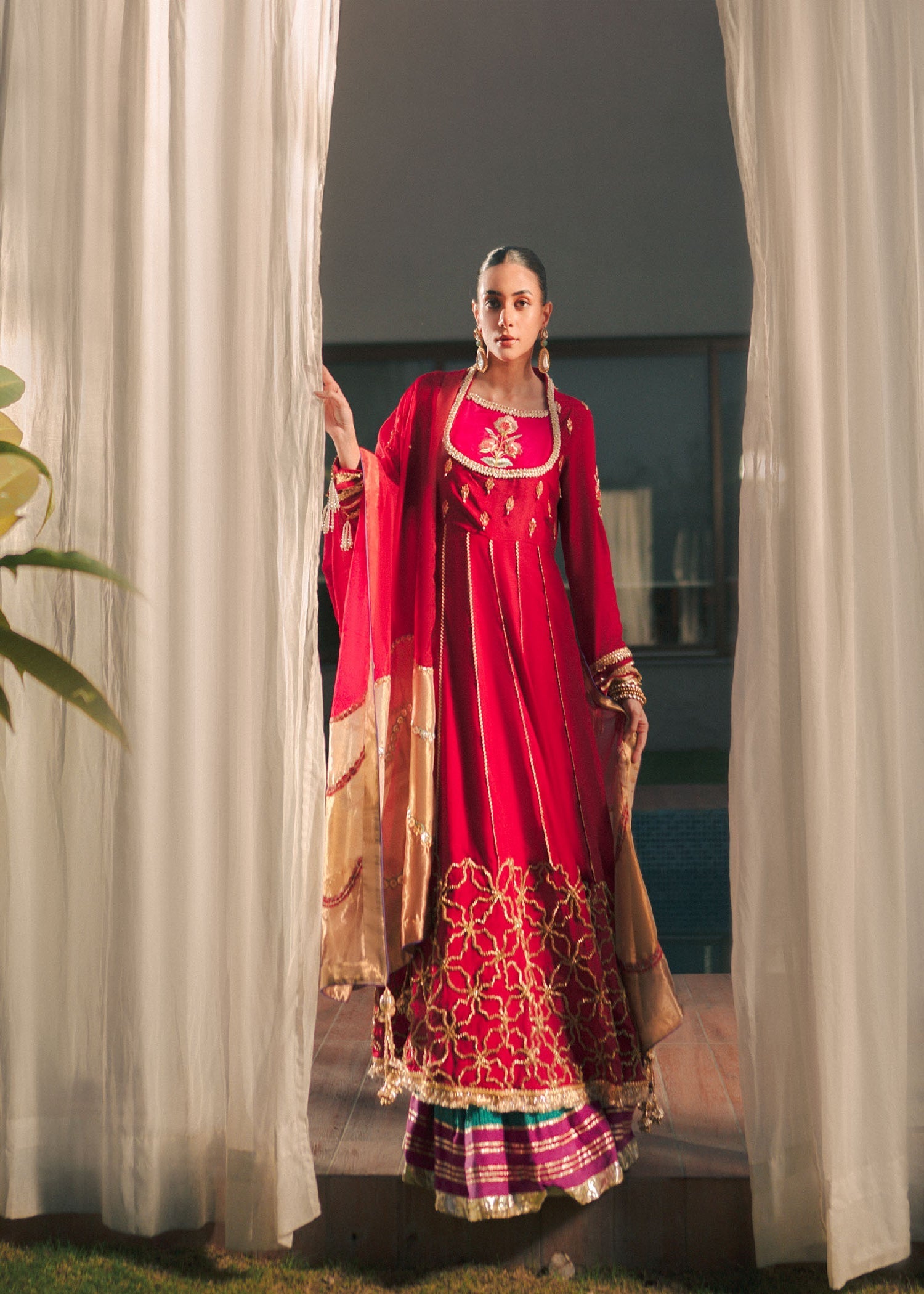Red Embroidered Raw Silk Pishwas Dress (3-Piece) - Image 1