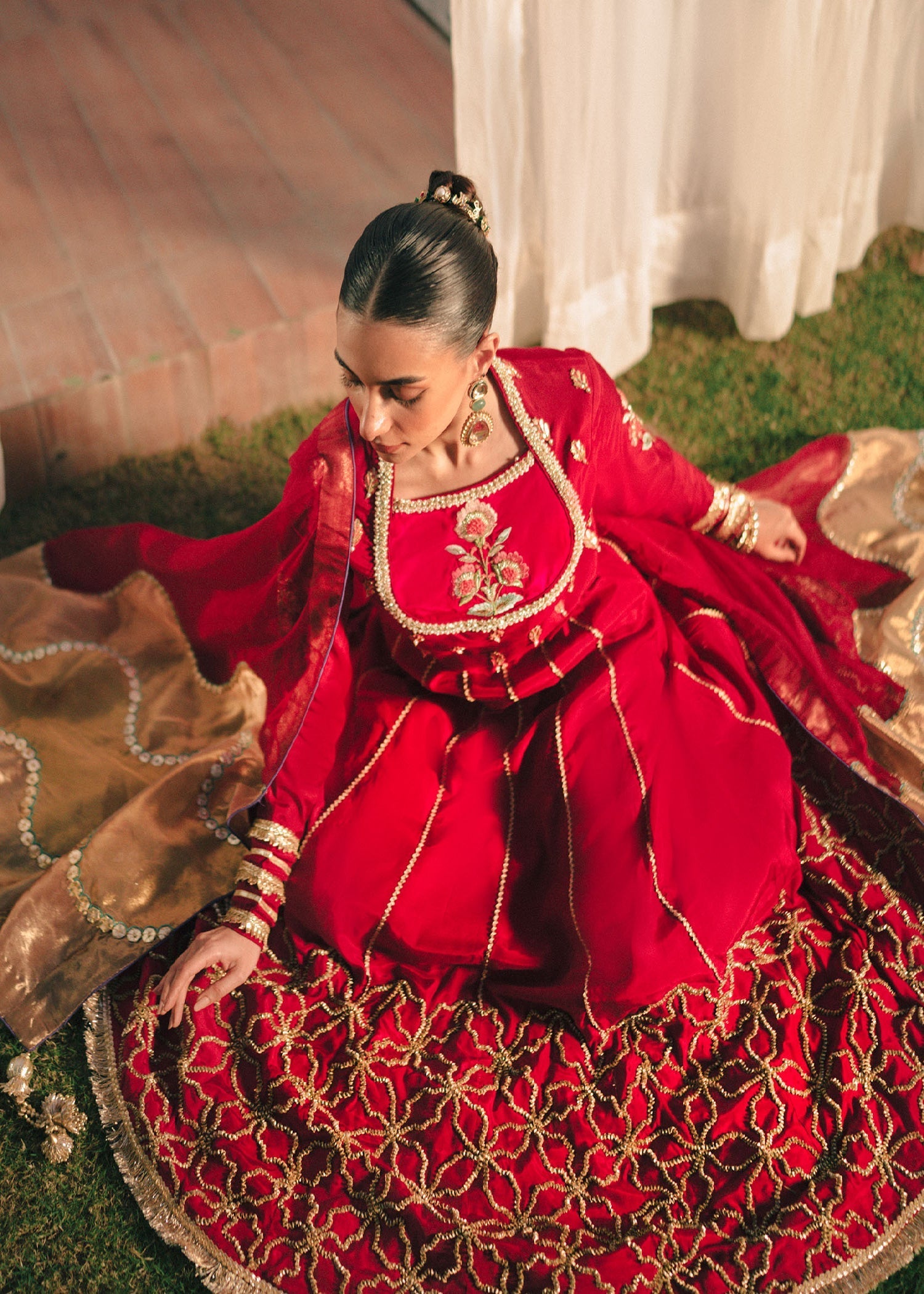 Red Embroidered Raw Silk Pishwas Dress (3-Piece) - Image 2